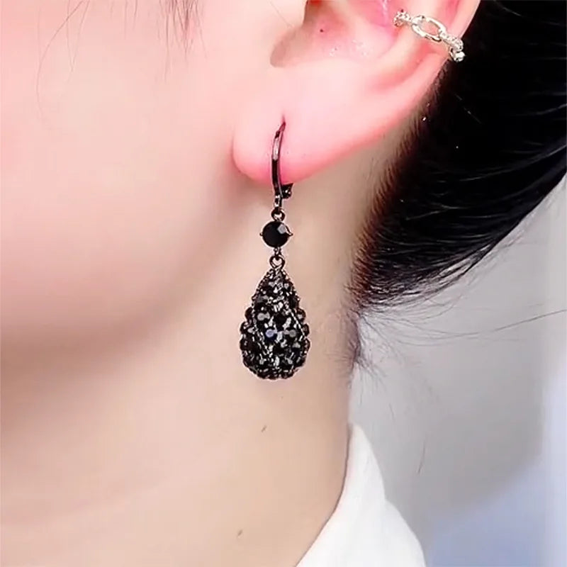 Charming Black Crystal Drop-shaped Pendant Earrings for Women