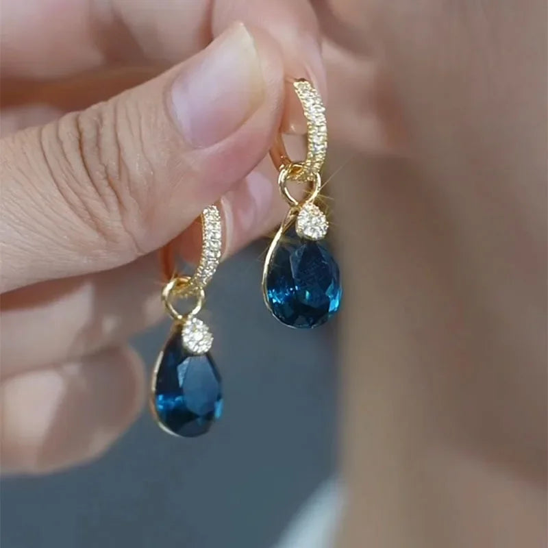 Exquisite Blue Drop-shaped Crystal Pendant Earrings For Women