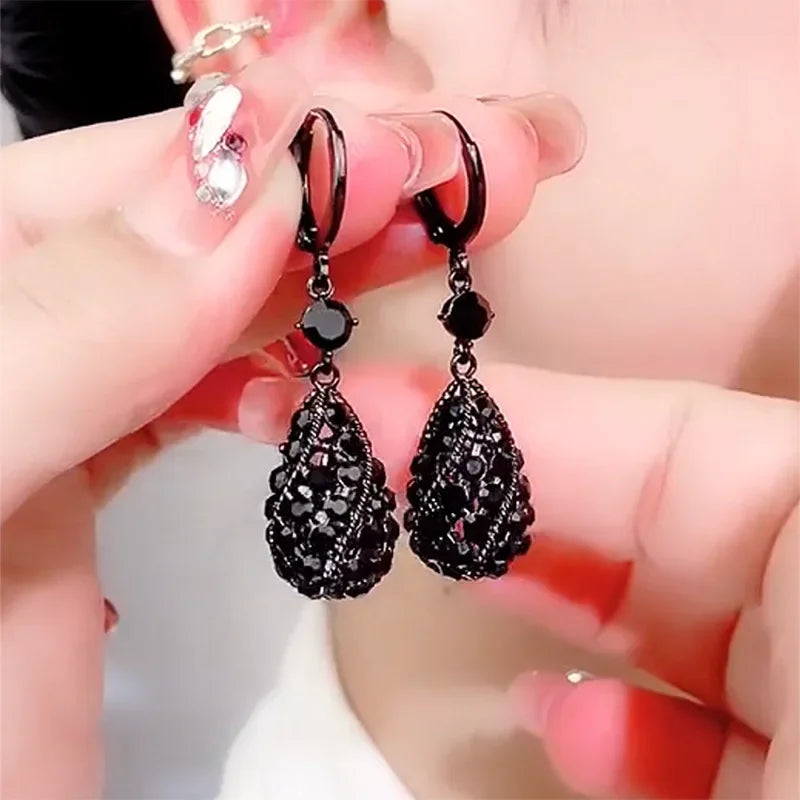 Charming Black Crystal Drop-shaped Pendant Earrings for Women