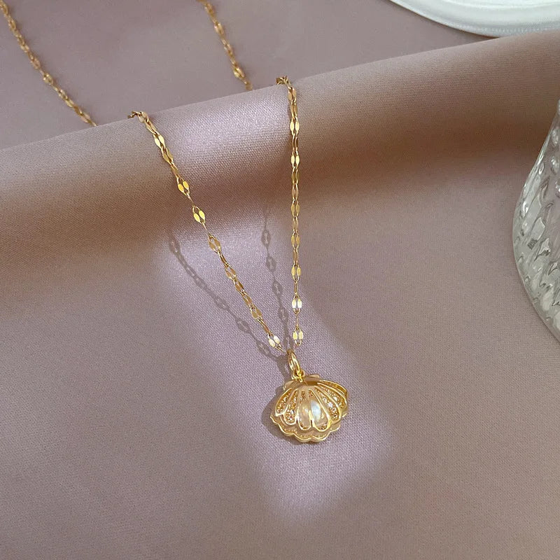 OIMG 316L Stainless Steel Hollow Shell Imitation Pearl Pendant Necklace
