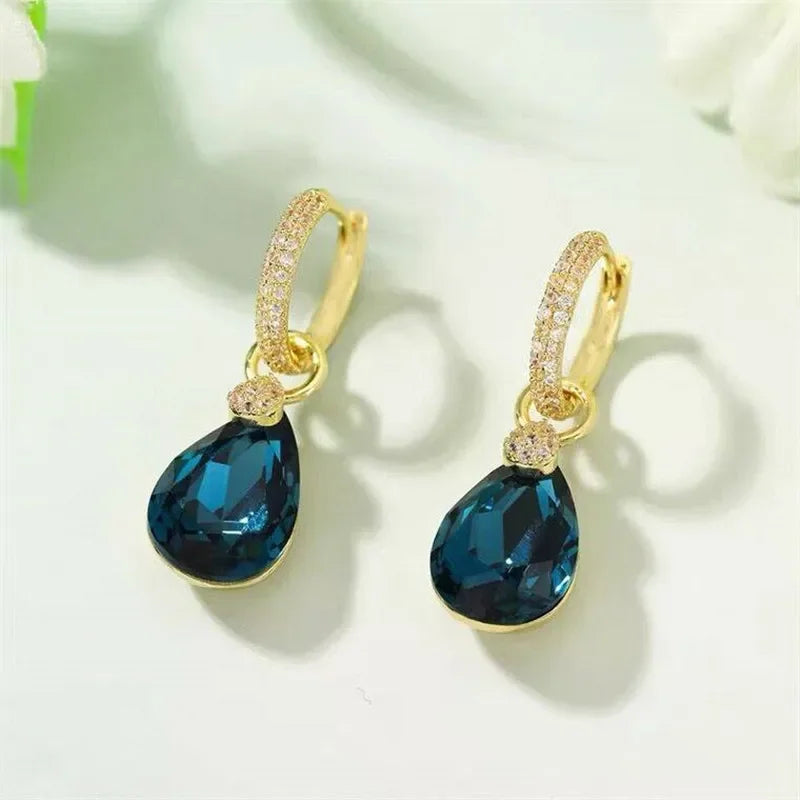 Exquisite Blue Drop-shaped Crystal Pendant Earrings For Women