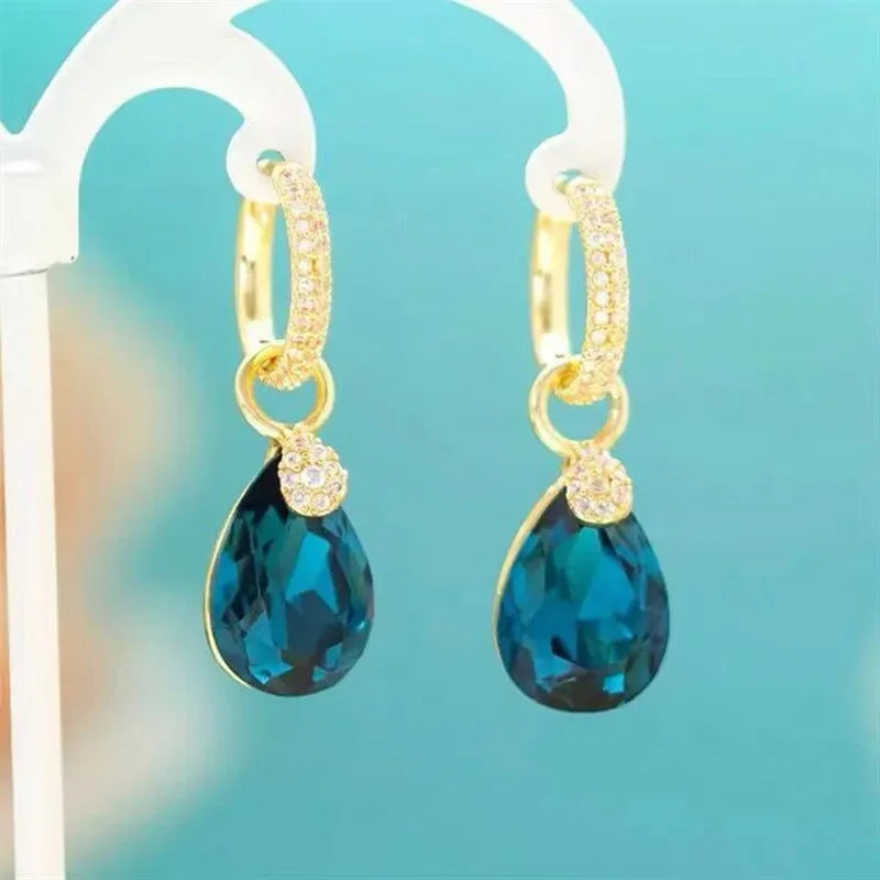 Exquisite Blue Drop-shaped Crystal Pendant Earrings For Women