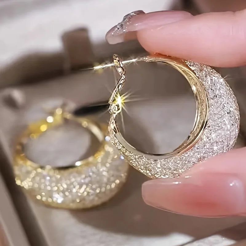 Exaggerate Shiny Mesh Design Hoop Earrings Iron Jewelry Rhinestones Inlaid Elegant Leisure Style