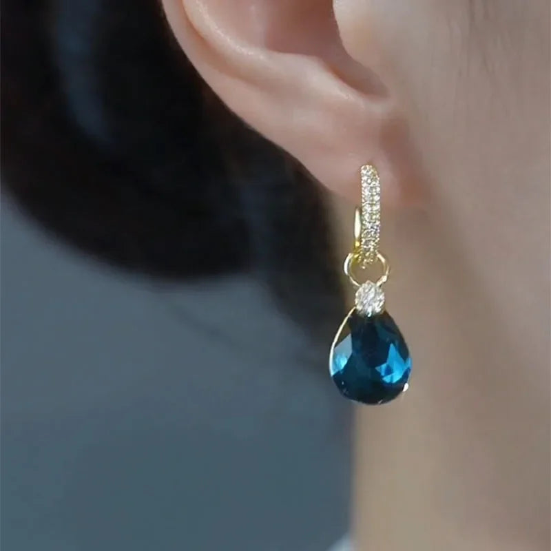 Exquisite Blue Drop-shaped Crystal Pendant Earrings For Women