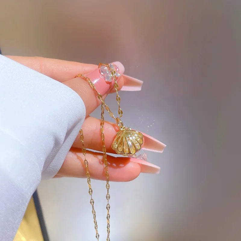 OIMG 316L Stainless Steel Hollow Shell Imitation Pearl Pendant Necklace