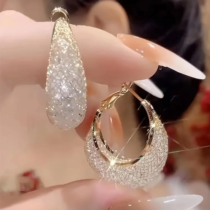 Exaggerate Shiny Mesh Design Hoop Earrings Iron Jewelry Rhinestones Inlaid Elegant Leisure Style