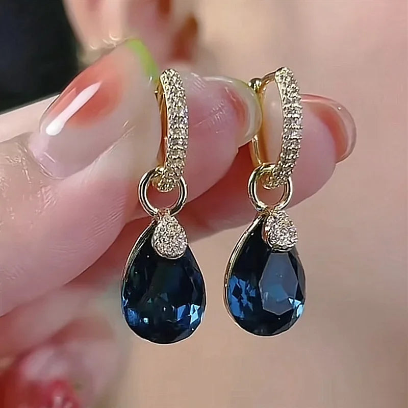 Exquisite Blue Drop-shaped Crystal Pendant Earrings For Women