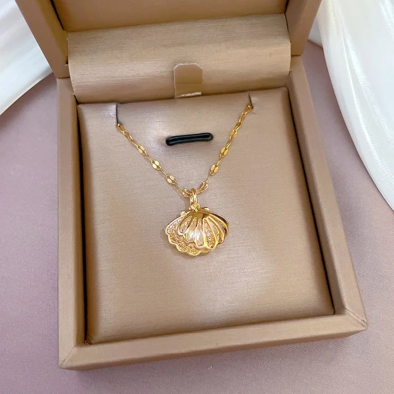 OIMG 316L Stainless Steel Hollow Shell Imitation Pearl Pendant Necklace
