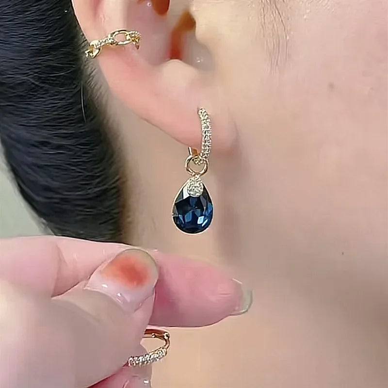 Exquisite Blue Drop-shaped Crystal Pendant Earrings For Women