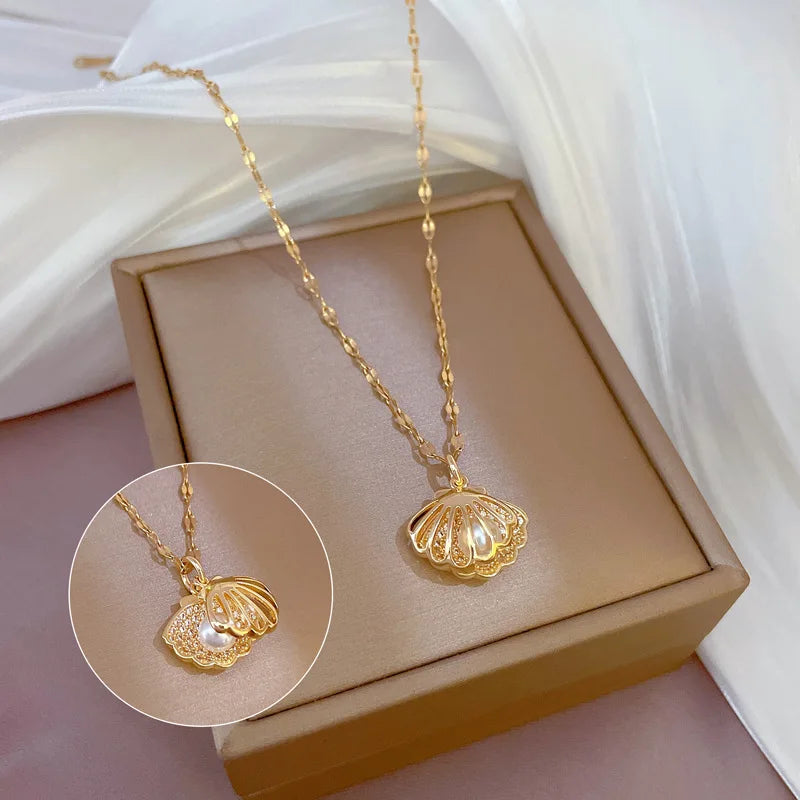 OIMG 316L Stainless Steel Hollow Shell Imitation Pearl Pendant Necklace