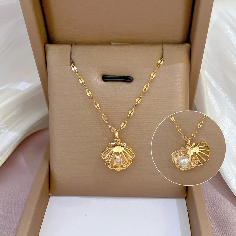 OIMG 316L Stainless Steel Hollow Shell Imitation Pearl Pendant Necklace