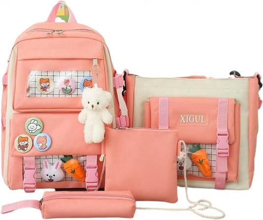 Kawaii Girls School Backpack with Pins and Small Plush Toys Cute Girls School Bag(Pink)