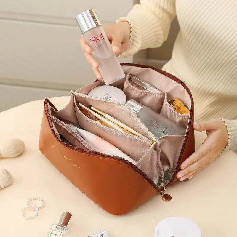 Leather Large Capacity Travel Cosmetic Bag Portable Women Makeup Case Waterproof Multifunctional Toiletry Organizer Storage Bag