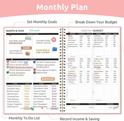 Monthly Budget Book with Expense Tracker Notepad, Finance Planner & Undated Bill Organizer to Manage Your Money, 2024–2025 Account Book to Handle Your Finances - Pink